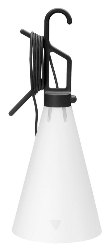 Schwarze May Day Leuchte von Flos mit Haken und weißem Lampenschirm für vielseitige Beleuchtung.